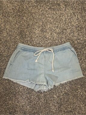 aerie Light Blue Denim Drawstring Frayed Hem Shorts